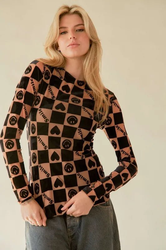 Davi & Dani Heart Print Long Sleeve Top for Women - Love Salve